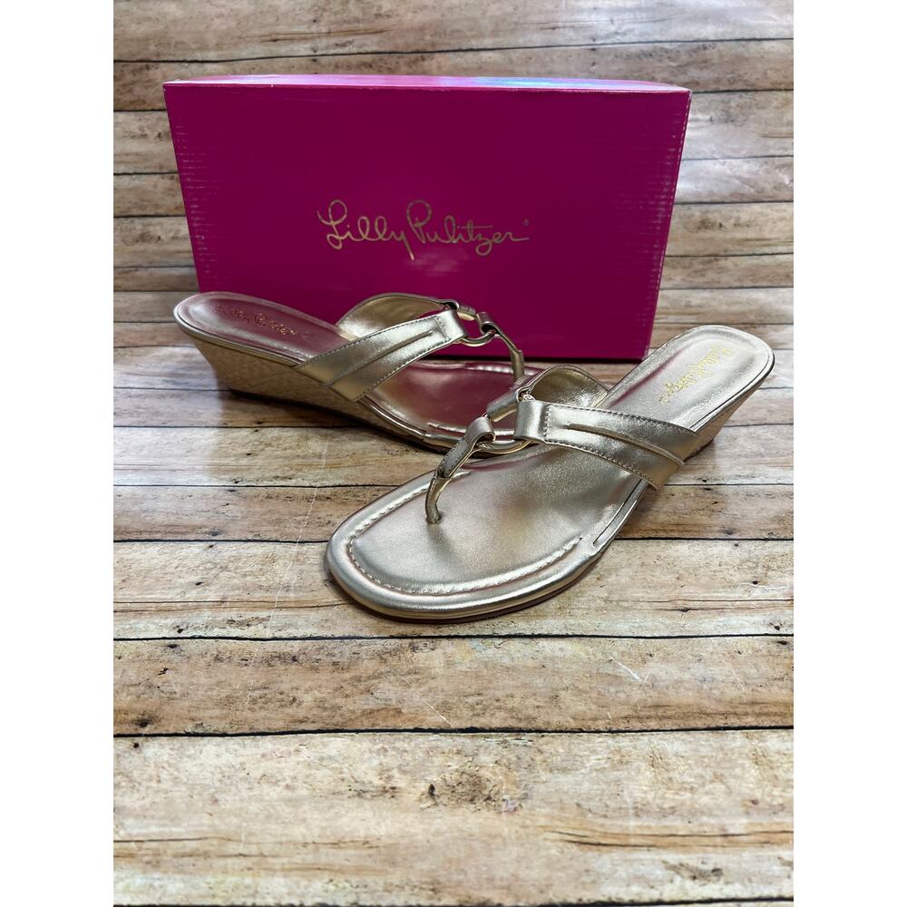 Lilly Pulitzer McKim Wedge Sandal Gold Metallic Leather Size 10M
